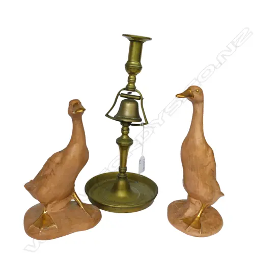 2 CERAMIC DUCKS H.250mm, BRASS CANDLESTICK w. BELL H.320mm