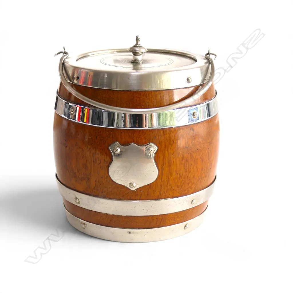 ANTIQUE OAK BISCUIT BARREL, CERAMIC LINING, H.155mm, missing some screws Image 1++