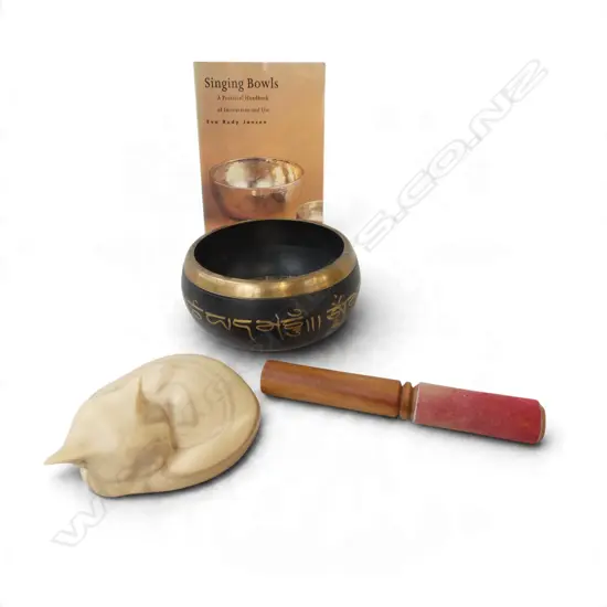 SINGING BOWL, BOOK & CAT ORNAMENT