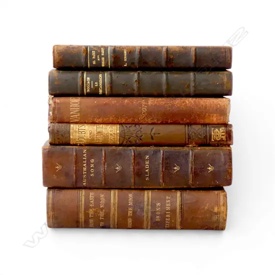 6 ANTIQUE BOOKS – 1888 AUSTRALIAN SONG, IVANHOE, ROUND THE MOON, L. KNIGHT ETC