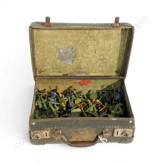 ANTIQUE LEATHER SUITCASE w. ASST. PLASTIC SOLDIERS