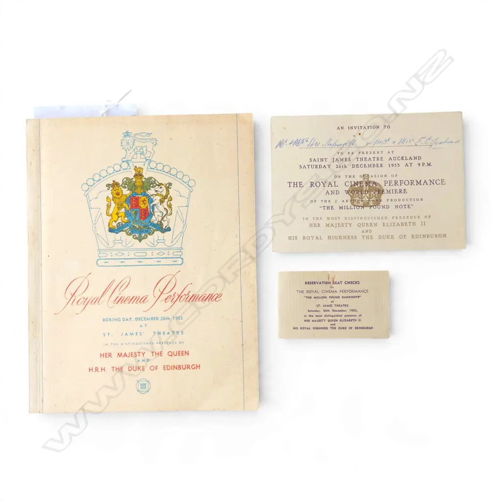 PROGRAMME FOR ROYAL CINEMA PERFORMANCE on 26/12/53 for QEII at St. James Auckland includes invitation reservations & seat tickets Image 1++