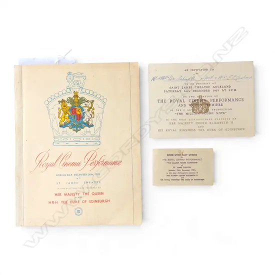 PROGRAMME FOR ROYAL CINEMA PERFORMANCE on 26/12/53 for QEII at St. James Auckland includes invitation reservations & seat tickets