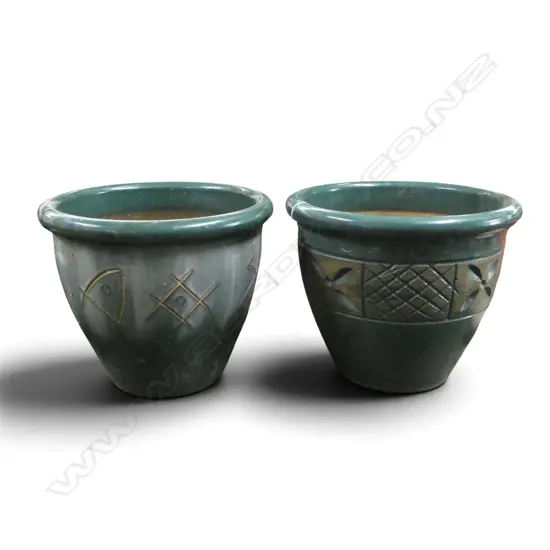 2 GREEN GLAZED GARDEN POTS H.310mm