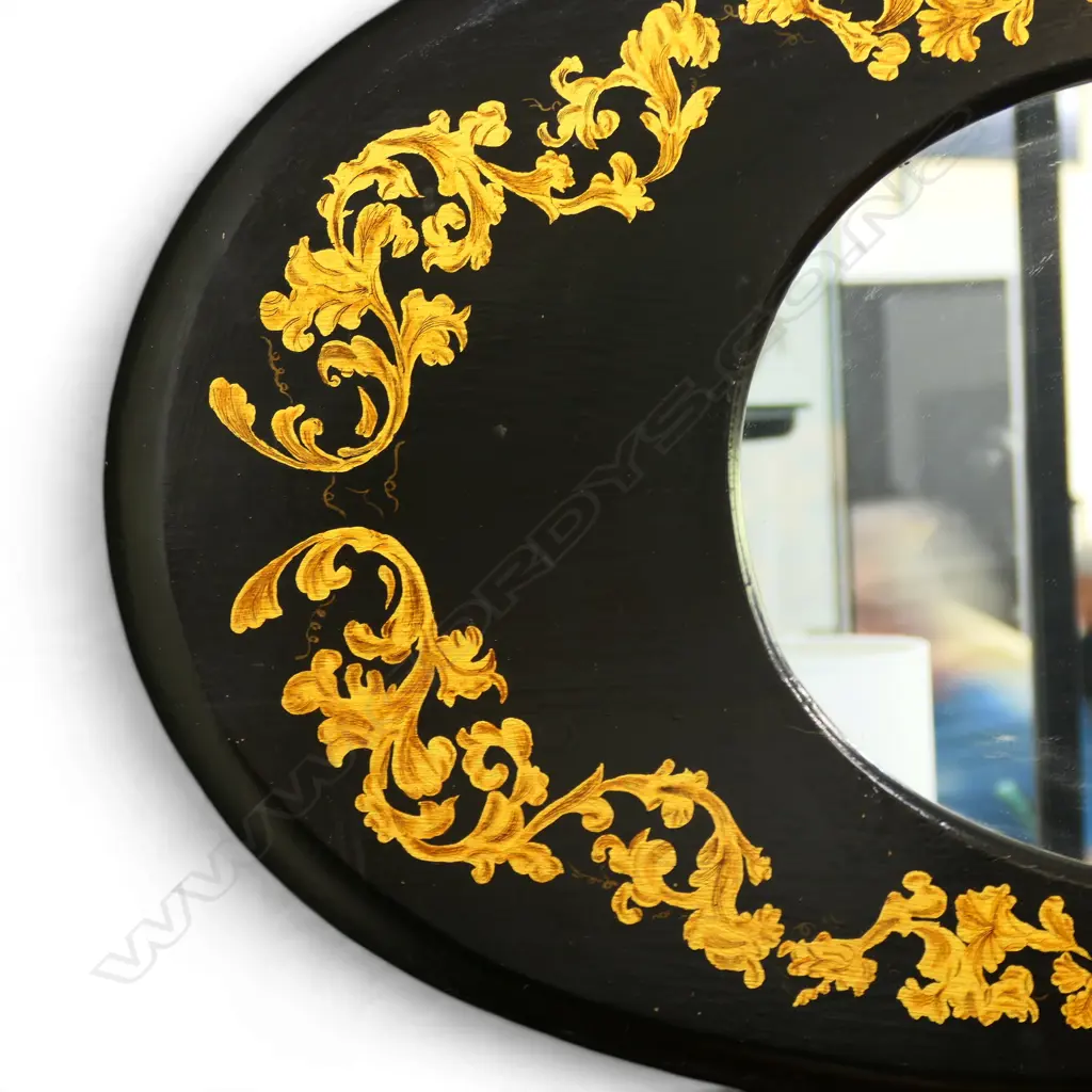 VINTAGE EBONIZED WOOD OVAL WALL MIRROR WITH GOLDEN DECORATIONS, 760 X 430MM Image 1++