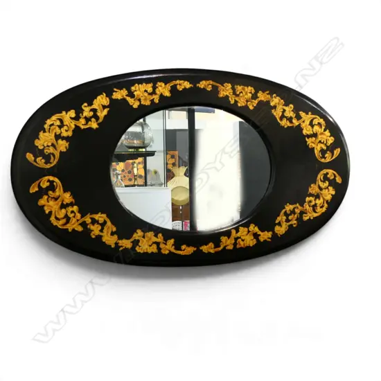 VINTAGE EBONIZED WOOD OVAL WALL MIRROR WITH GOLDEN DECORATIONS, 760 X 430MM
