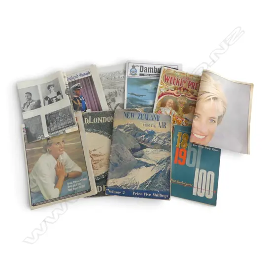 ASSORTED VINTAGE PAPERS: Weekly Press + Weekly Graphic + NZ From the Air British Army + Dambusters + Princess Di items