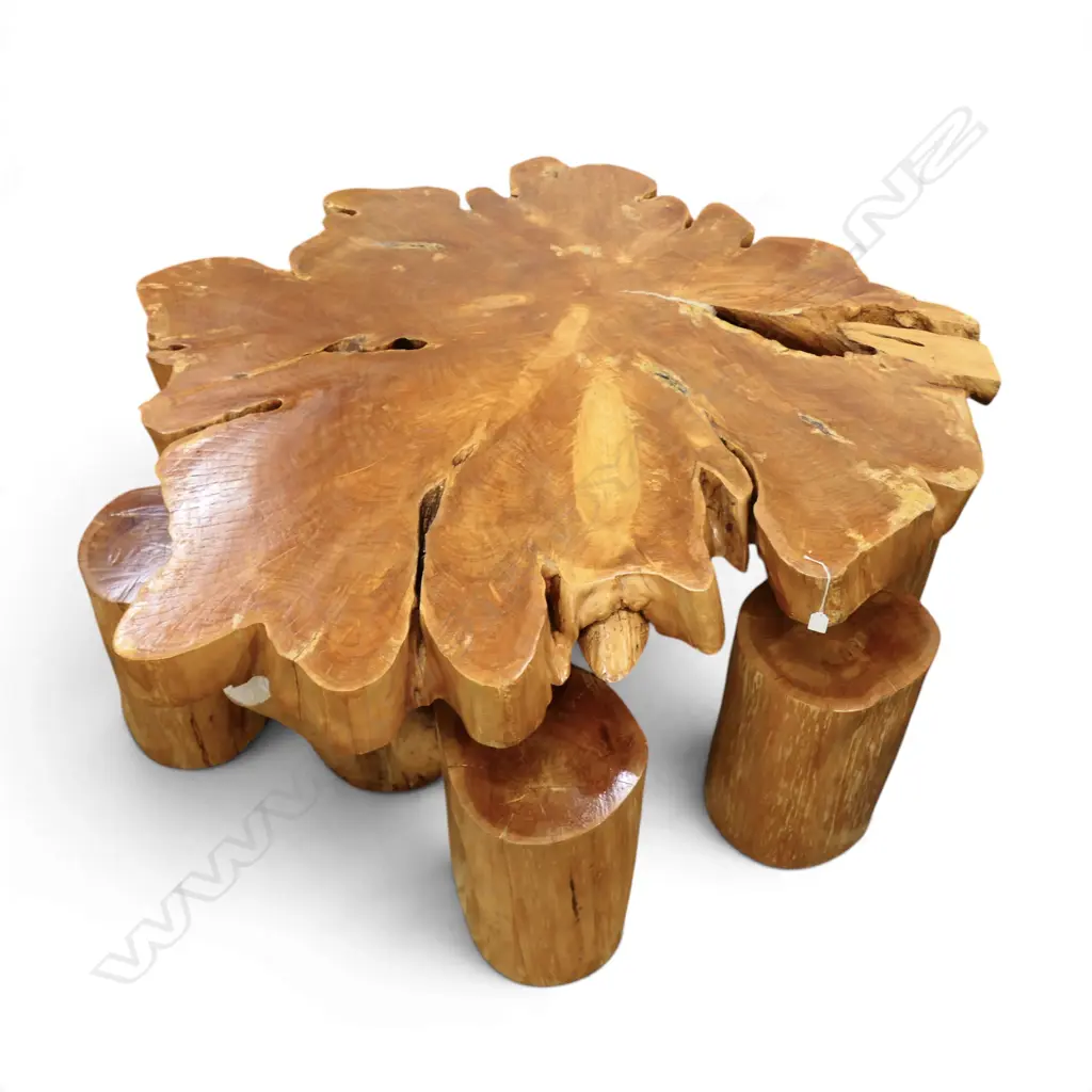 MACROCARPA SLAB TOP TABLE 1400 x 1500 x 660mm on trunk form 2 section base with 7 log form STOOLS Image 1++