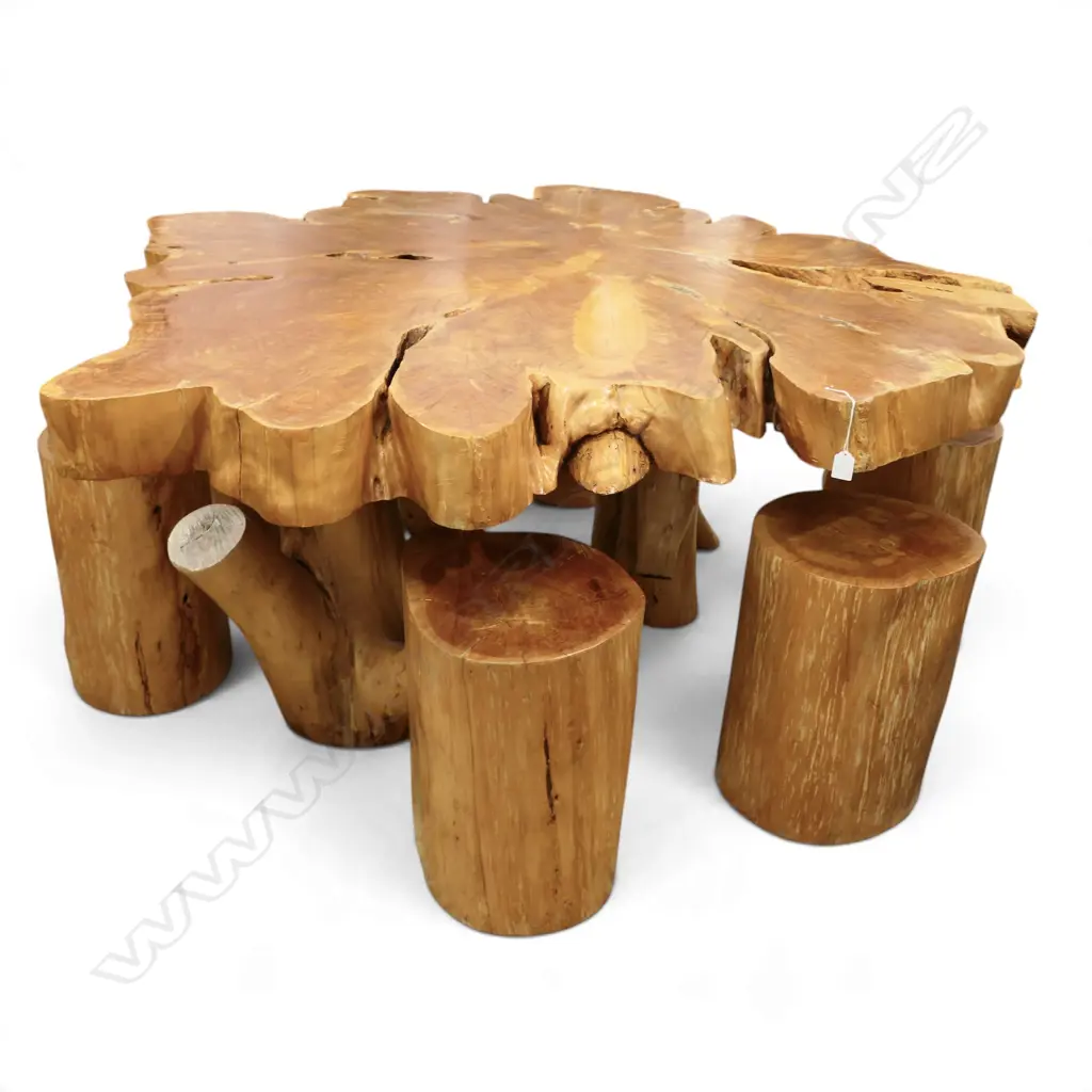 MACROCARPA SLAB TOP TABLE 1400 x 1500 x 660mm on trunk form 2 section base with 7 log form STOOLS Image 1++
