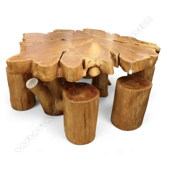 MACROCARPA SLAB TOP TABLE 1400 x 1500 x 660mm on trunk form 2 section base with 7 log form STOOLS