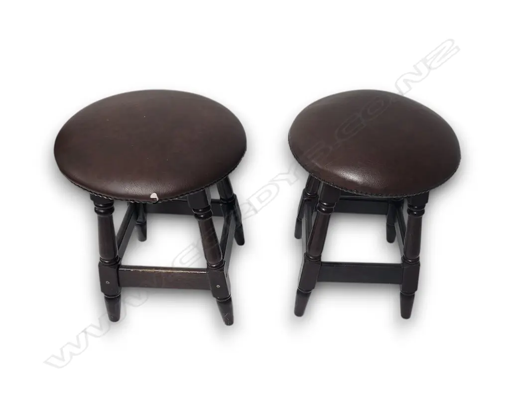 HEAVY PAIR OF VINTAGE WOODEN STOOLS – DARK WOOD WITH BROWN UPHOLSTERED SEATS 500 x 400mm Image 1++