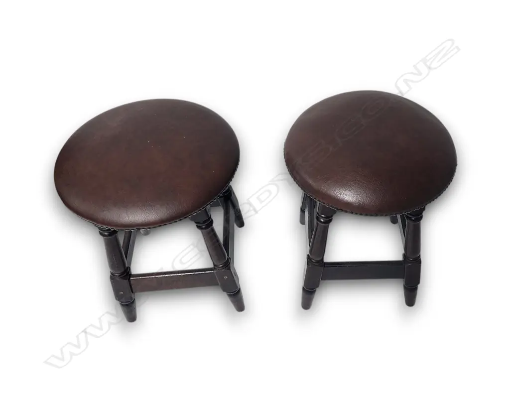 HEAVY PAIR OF VINTAGE WOODEN STOOLS – DARK WOOD WITH BROWN UPHOLSTERED SEATS 500 x 400mm Image 1++