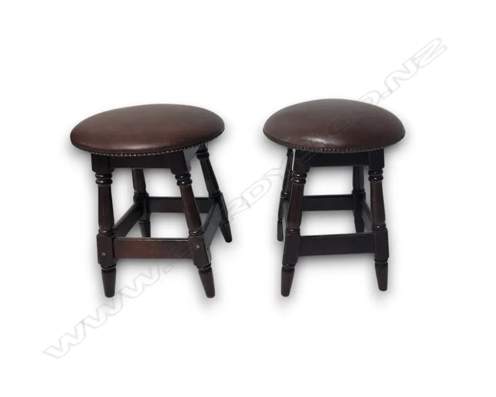 HEAVY PAIR OF VINTAGE WOODEN STOOLS – DARK WOOD WITH BROWN UPHOLSTERED SEATS 500 x 400mm Image 1++