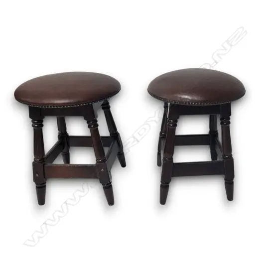 HEAVY PAIR OF VINTAGE WOODEN STOOLS – DARK WOOD WITH BROWN UPHOLSTERED SEATS 500 x 400mm