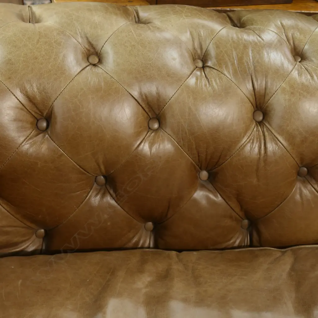LARGE DEEP BUTTONED LEATHER CLUB TYPE CHESTERFIELD SOFA. Light tan tone. L.2450mm Image 1++
