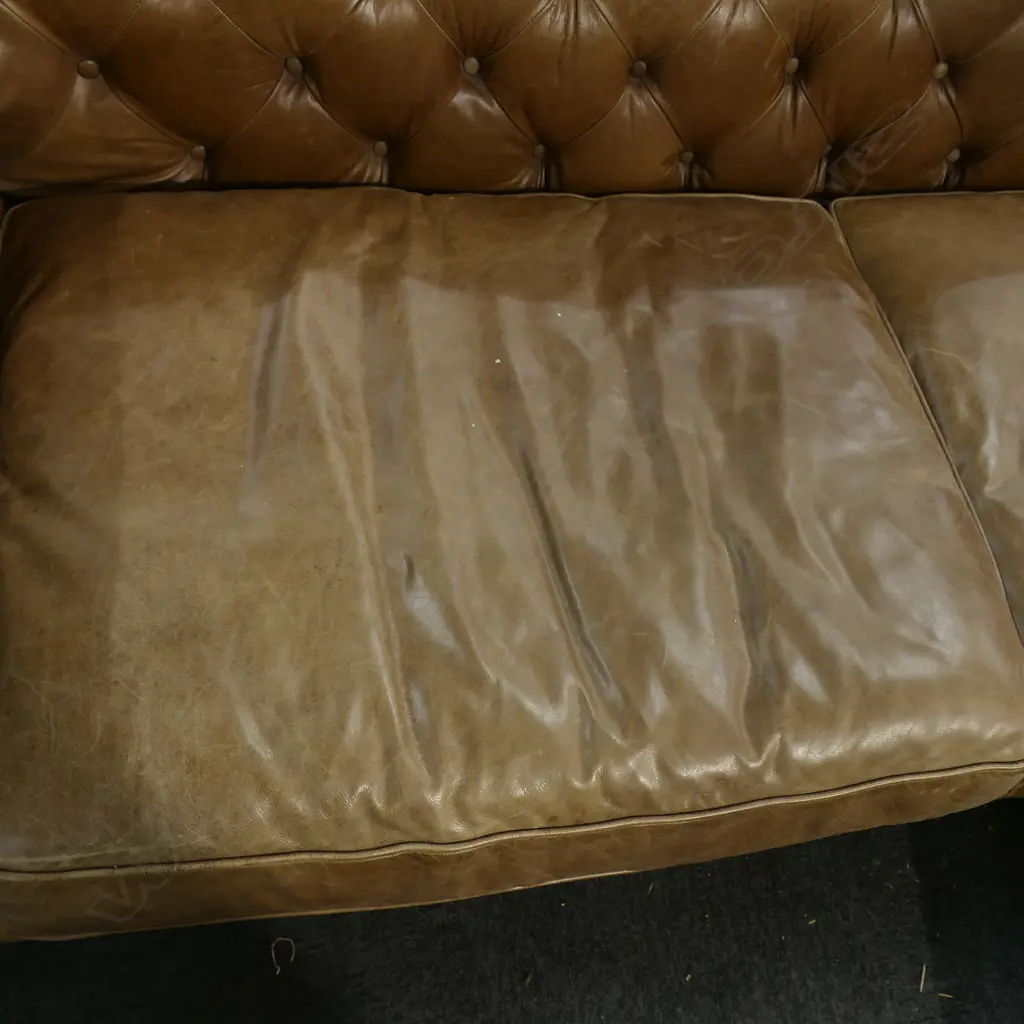 LARGE DEEP BUTTONED LEATHER CLUB TYPE CHESTERFIELD SOFA. Light tan tone. L.2450mm Image 1++