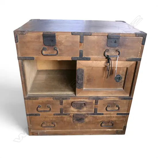VINTAGE early 20thC JAPANESE SMALL WOODEN TANSU CHEST. With key H.640mm