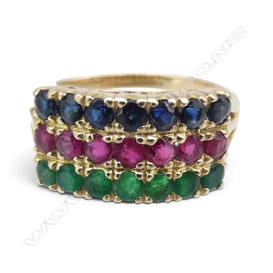14CT SAPPHIRE/ RUBY & EMERALD RING 4.1gms SIZE Q