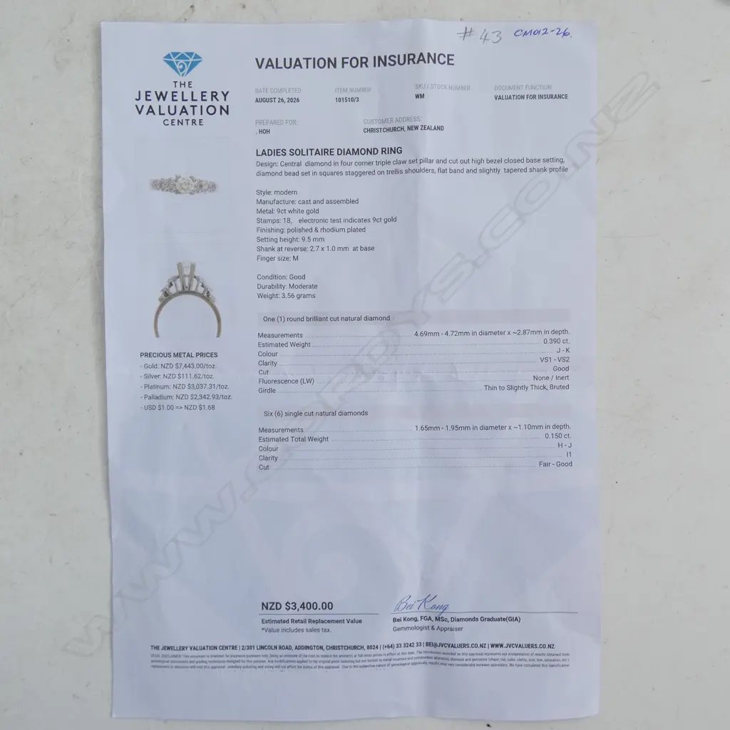 9ct WHITE GOLD & DIAMOND SOLITAIRE RING 0.390ct. VS1-VS2. Colour J-K. TDW.0.54ct. 3.56gms.  Val. $3400 size M1/2 Image 1++
