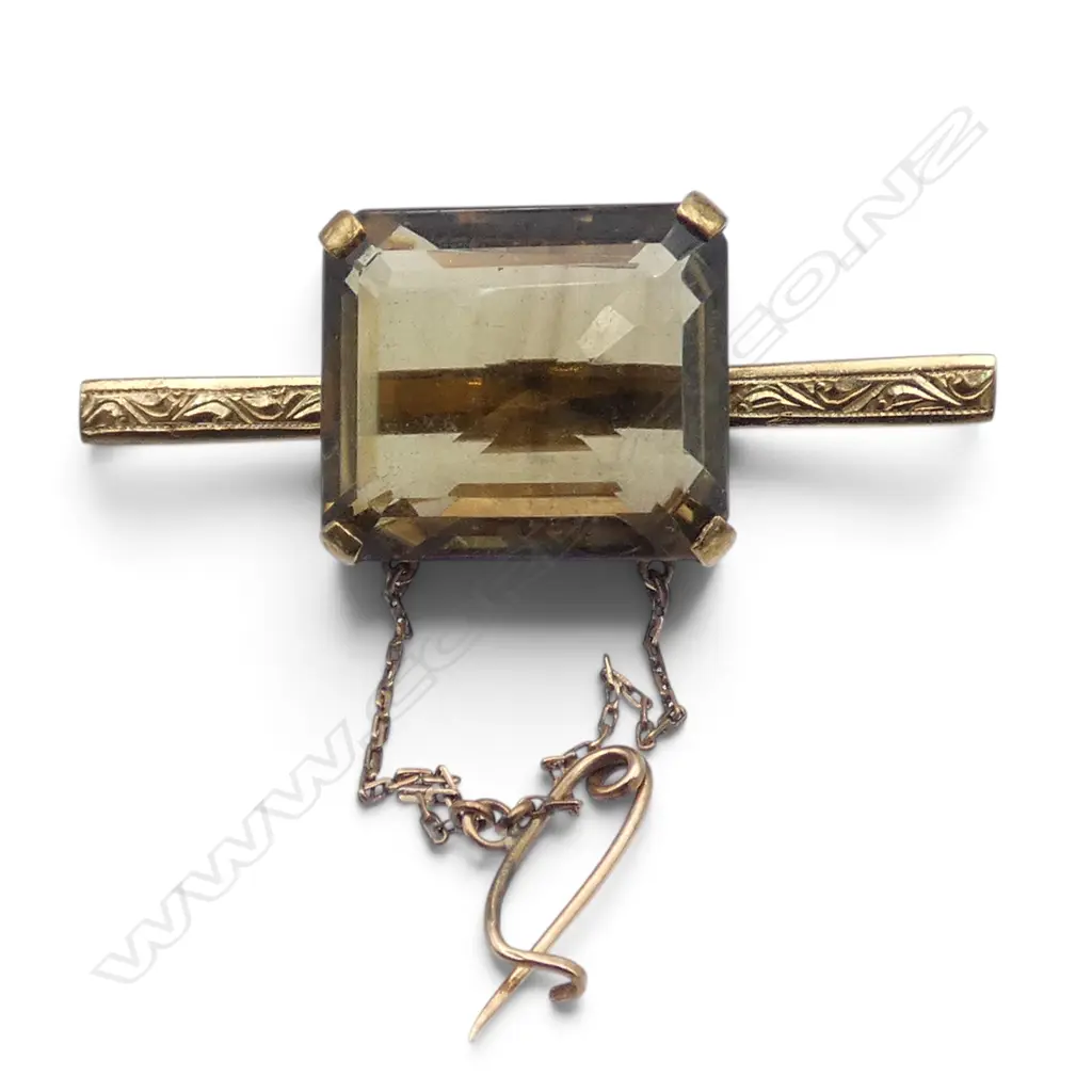 14CT SMOKY QUARTZ BAR BROOCH W.50mm 12.3gms Image 1++
