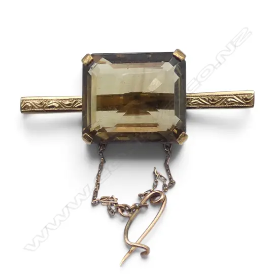 14CT SMOKY QUARTZ BAR BROOCH W.50mm 12.3gms