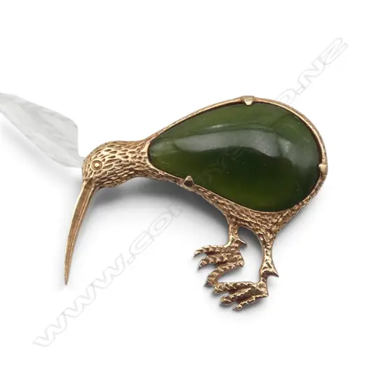 9ct & POUNAMU KIWI BROOCH 3.50gms