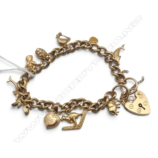9ct YELLOW GOLD SOLID CURB LINK CHARM BRACELET w theatrical masks + dolphin + kiwi etc. 30gms