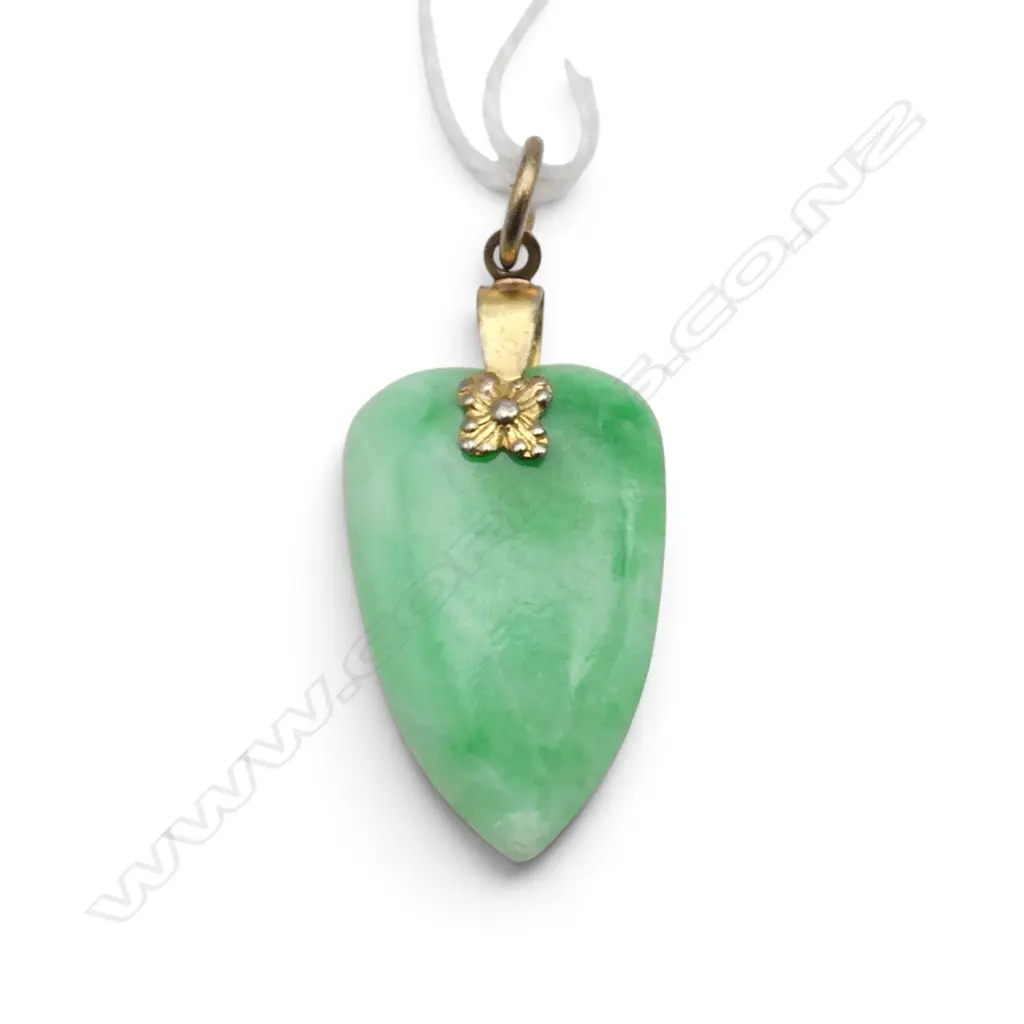 JADEITE BRIGHT GREEN leaf form PENDANT with 18ct gold plated bale fitting Image 1++