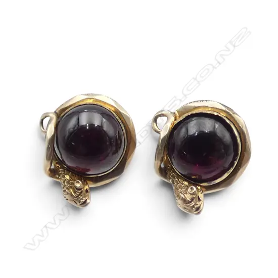 PR ANTIQUE SNAKE EARRINGS 9ct GOLD & dark red CABOCHON GEM SET no butterflies 3gms