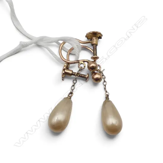 PR 9ct ROSE GOLD & OVOID DROP FAUX PEARL EARRINGS screw on fittings. 1.7gms