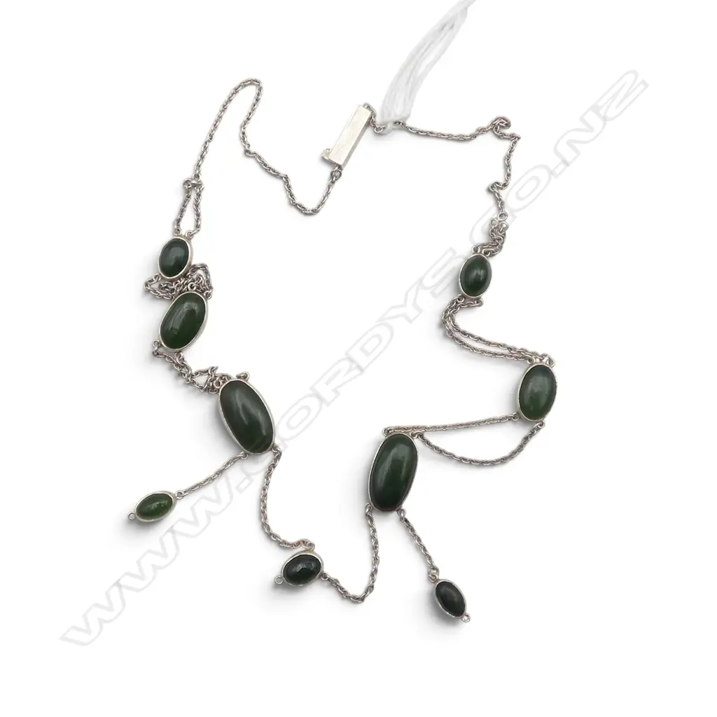 STYLISH SILVER & POUNAMU NECKLACE set w oval cabochons Image 1++