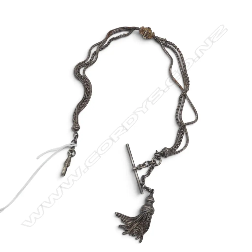 VICTORIAN SILVER LADIES ALBERTINA w tassel + multi strand + coloured gold slide + T-bar Image 1++