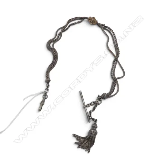 VICTORIAN SILVER LADIES ALBERTINA w tassel + multi strand + coloured gold slide + T-bar