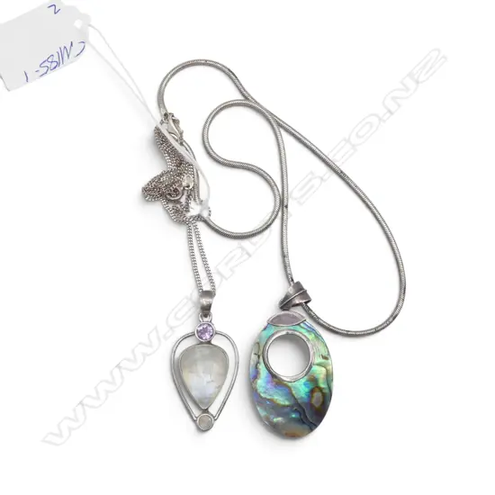 2 STG SILVER PENDANT NECKLACES one paua & other rock crystal 