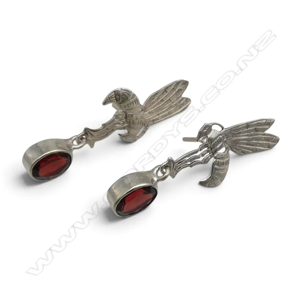 PAIR SILVER AND GARNET INSECT EARRINGS POSTS FOR PIERCED EARS Image 1++