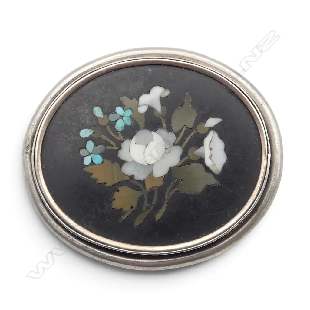 PIETRA DURA  S/SILVER BROOCH  Image 1++