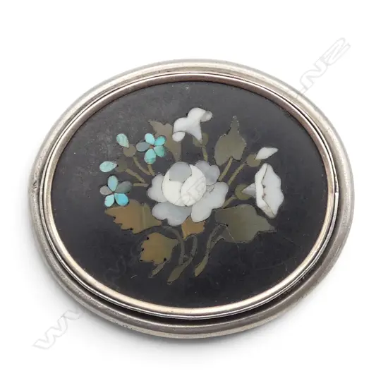 PIETRA DURA  S/SILVER BROOCH 