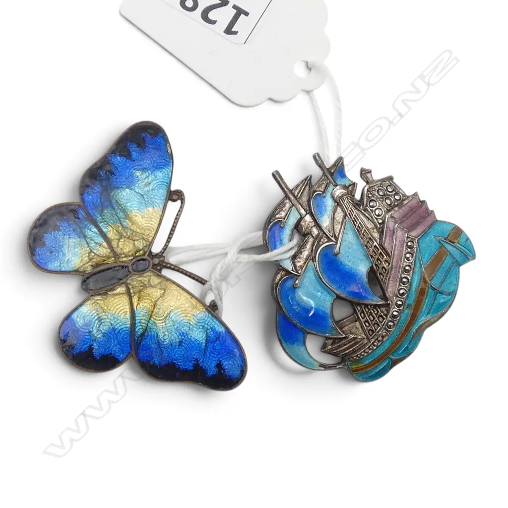 2 VINTAGE ENAMELLED BROOCHES: Galeon under sale w marcasites + butterfly Image 1++