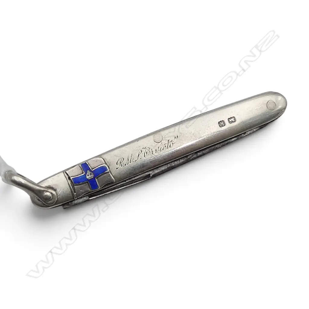 1912 SILVER POCKET KNIFE w blue enamelled emblem & 'R.M.S. Orvieto' (Orient Line) Birmingham 1909 Image 1++