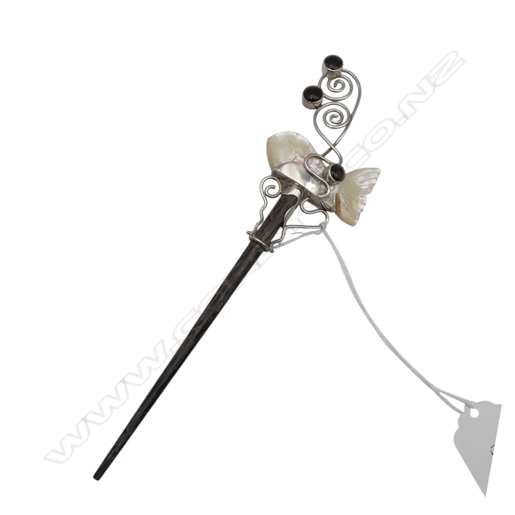 SILVER, MOTHER of PEARL & GARNET HAIR PIN, L.170mm Image 1++