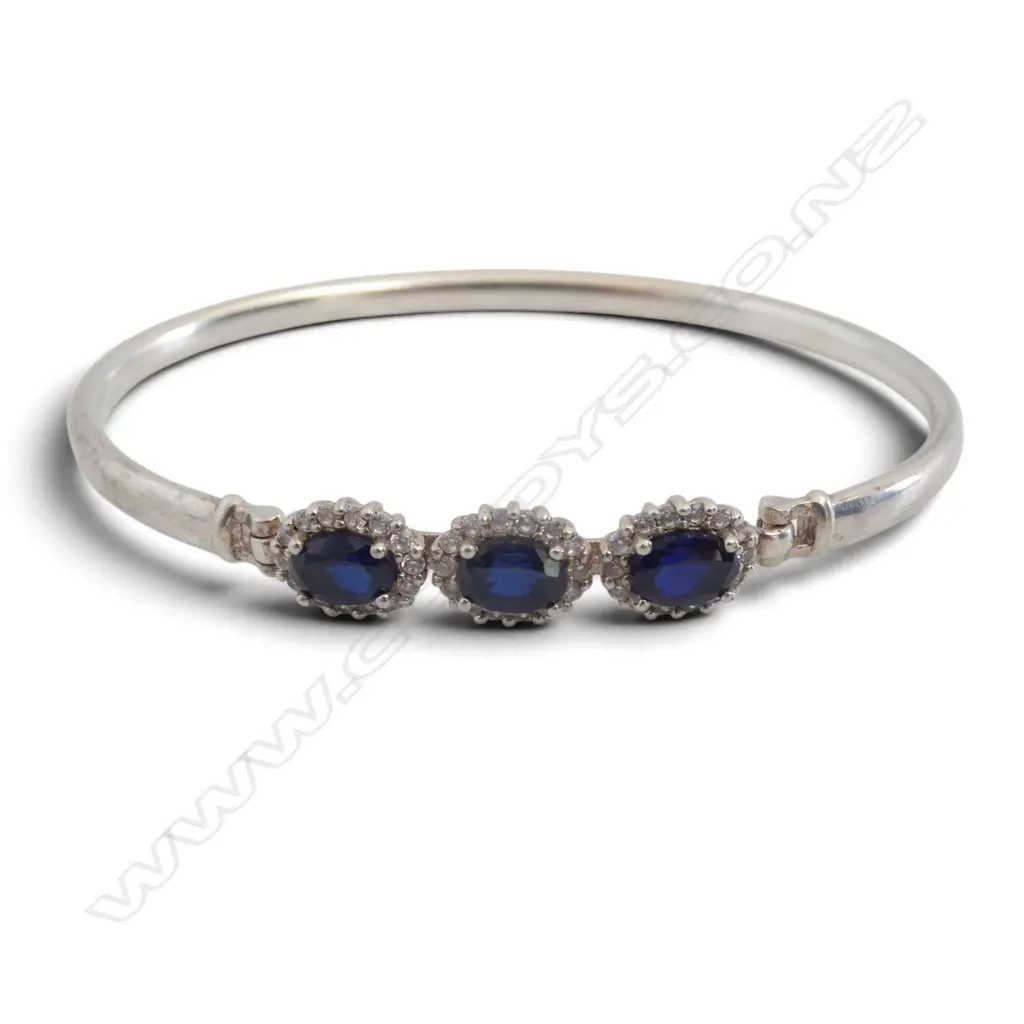 STG SIL BANGLE  with CREATED BLUE SAPPHIRE & CZ STONES 9.7gms Image 1++