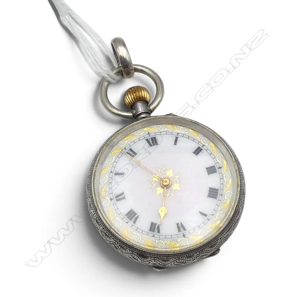 c.1900 LADIE'S ENGRAVED SILVER open face POCKET WATCH blush enamel dial - in fitted leather case Image 1++