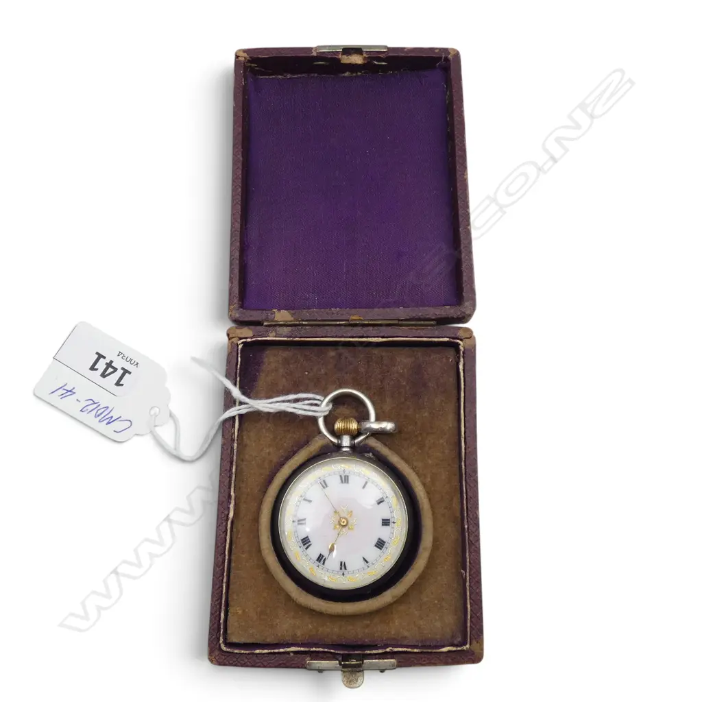c.1900 LADIE'S ENGRAVED SILVER open face POCKET WATCH blush enamel dial - in fitted leather case Image 1++