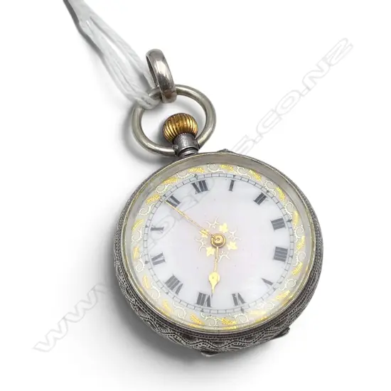 c.1900 LADIE'S ENGRAVED SILVER open face POCKET WATCH blush enamel dial - in fitted leather case