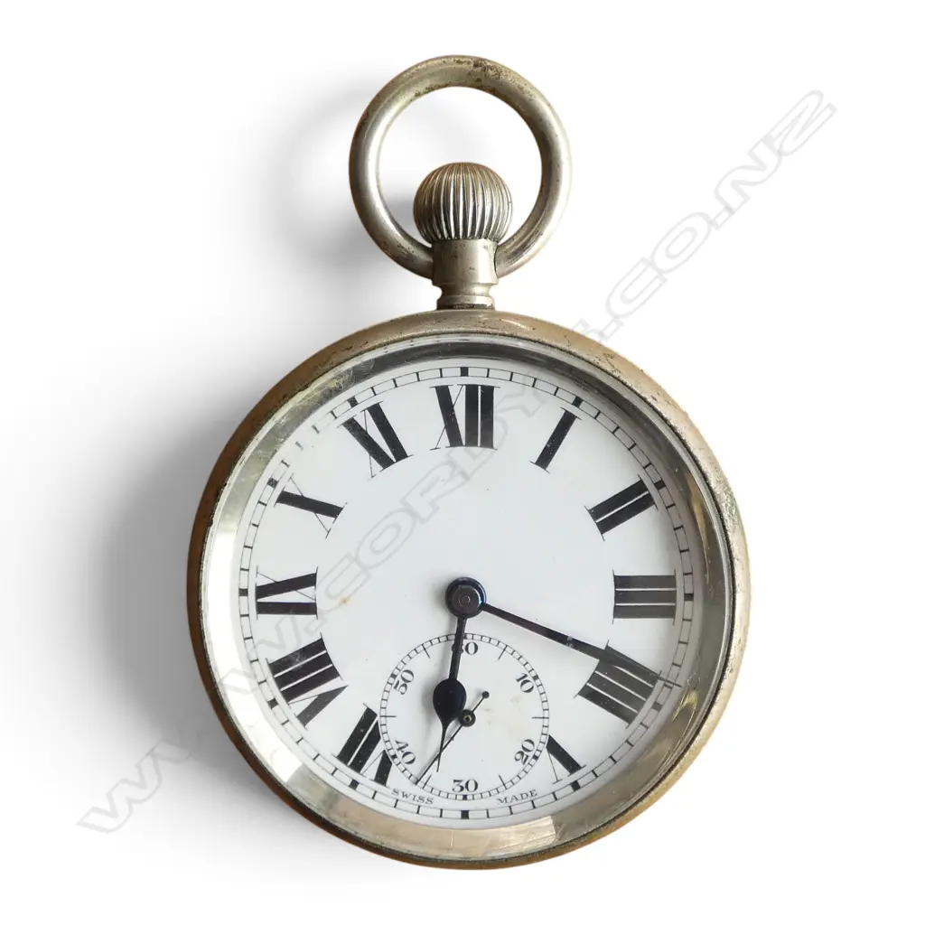 EARLY 20thC PLATED OPEN FACE POCKET WATCH w lge Roman numerals stem wind. Running. In box Image 1++