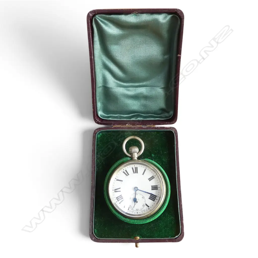 EARLY 20thC PLATED OPEN FACE POCKET WATCH w lge Roman numerals stem wind. Running. In box Image 1++