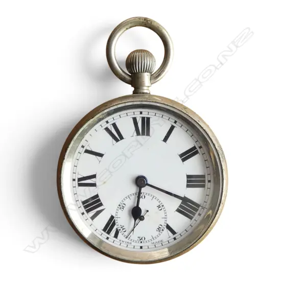 EARLY 20thC PLATED OPEN FACE POCKET WATCH w lge Roman numerals stem wind. Running. In box