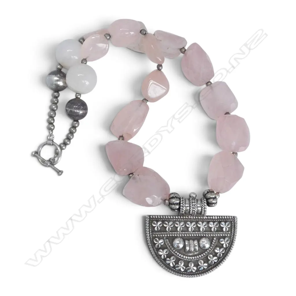 'OMAN' SILVER PENDANT & CHUNKY tapered PINK QUARTZ PENDANT NECKLACE Image 1++