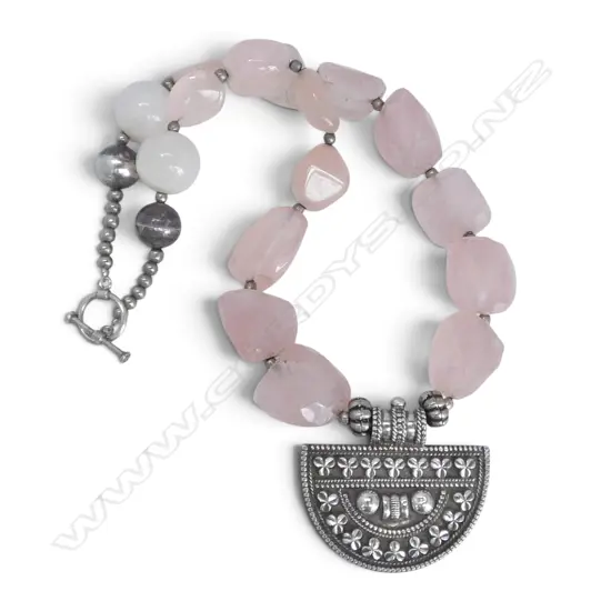 'OMAN' SILVER PENDANT & CHUNKY tapered PINK QUARTZ PENDANT NECKLACE