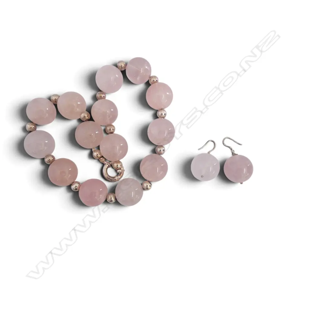 STG SILVER / PINK QUARTZ BEAD NECKLACE L.450mm + PR EARRINGS Image 1++